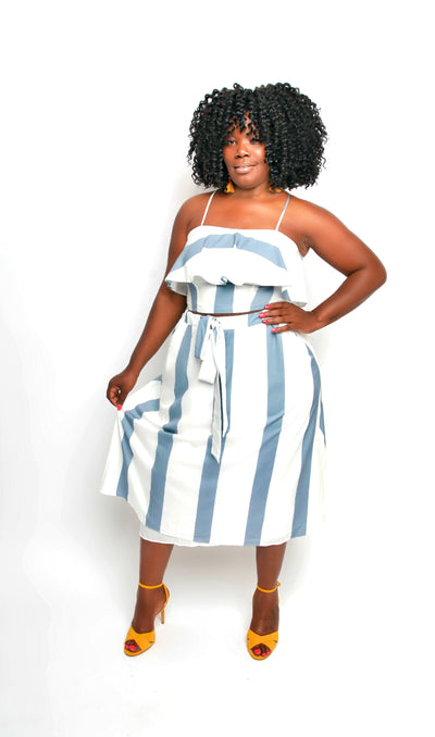 Blue and White Stripe Skirt Set